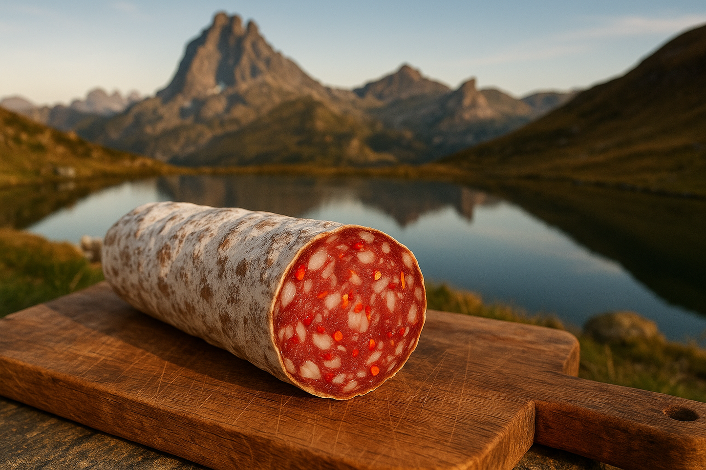 saucisson au piment d'espelette a l'interieur avec des montagnes et un lac en fond