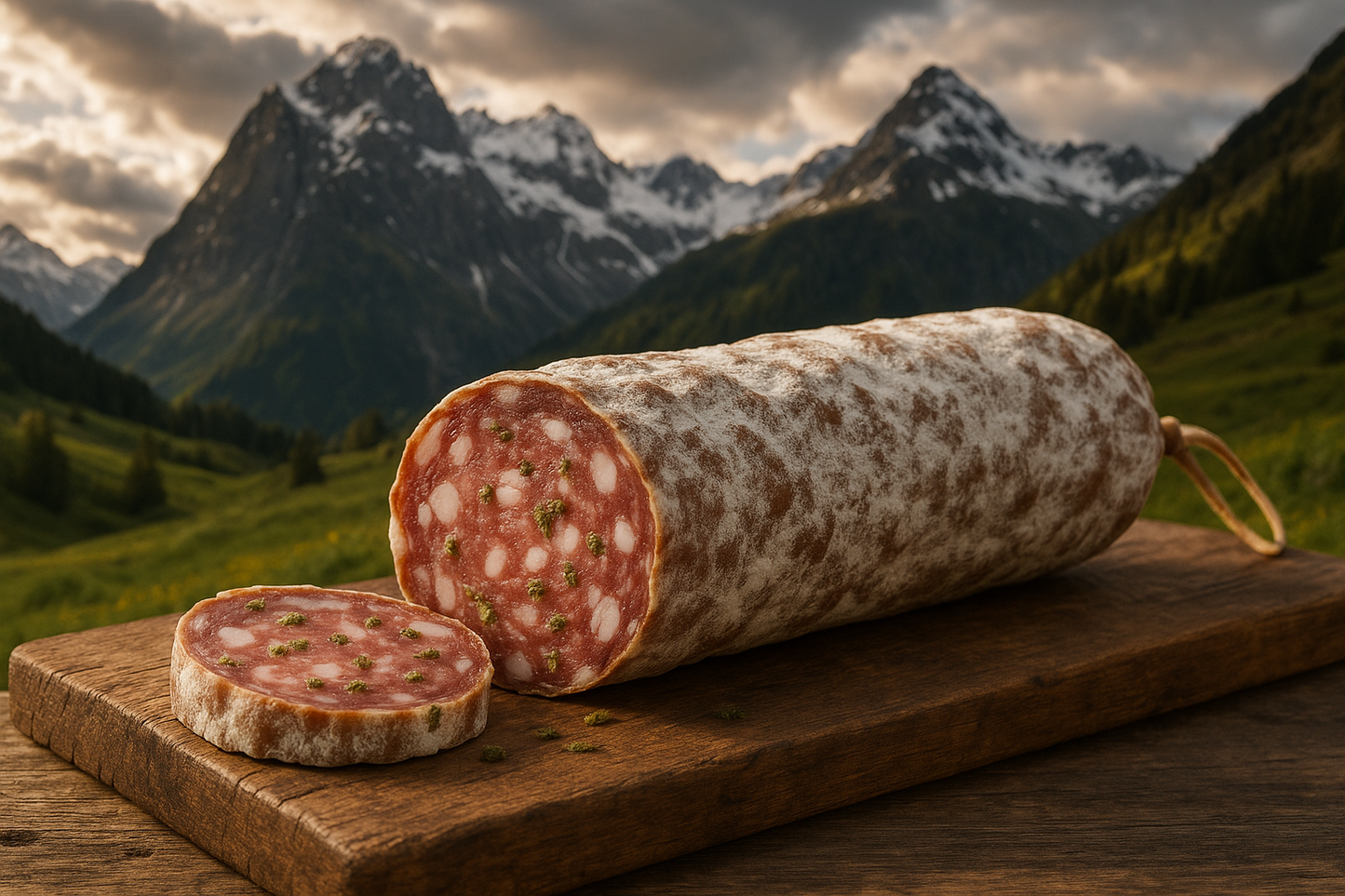 saucisson entier au genepi a l'interieur avec un jolis paysage de montagne en fond