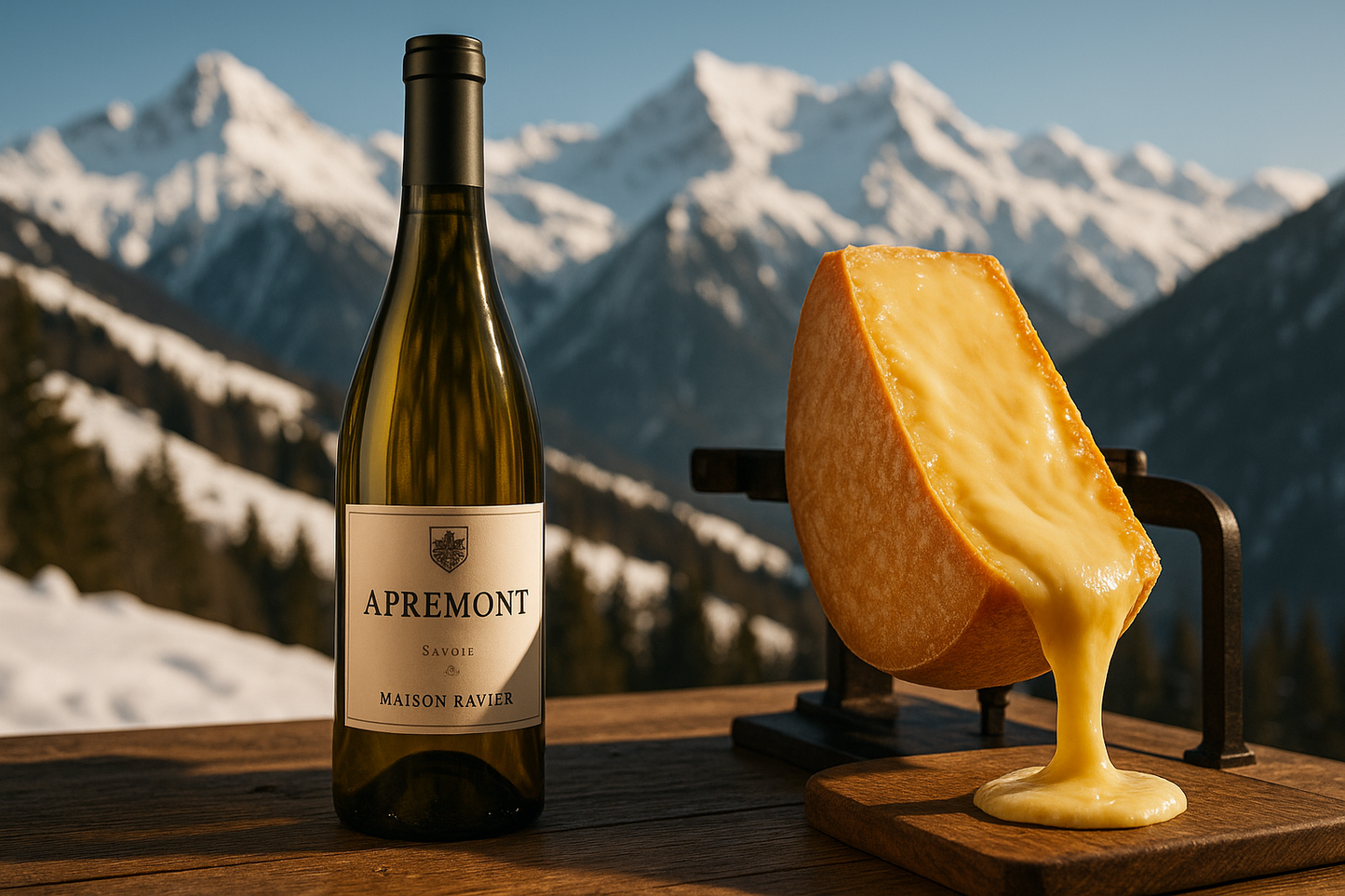 une bouteille apremont de la maison ravier avec une raclette et en fond des montagnes de savoie enneigées