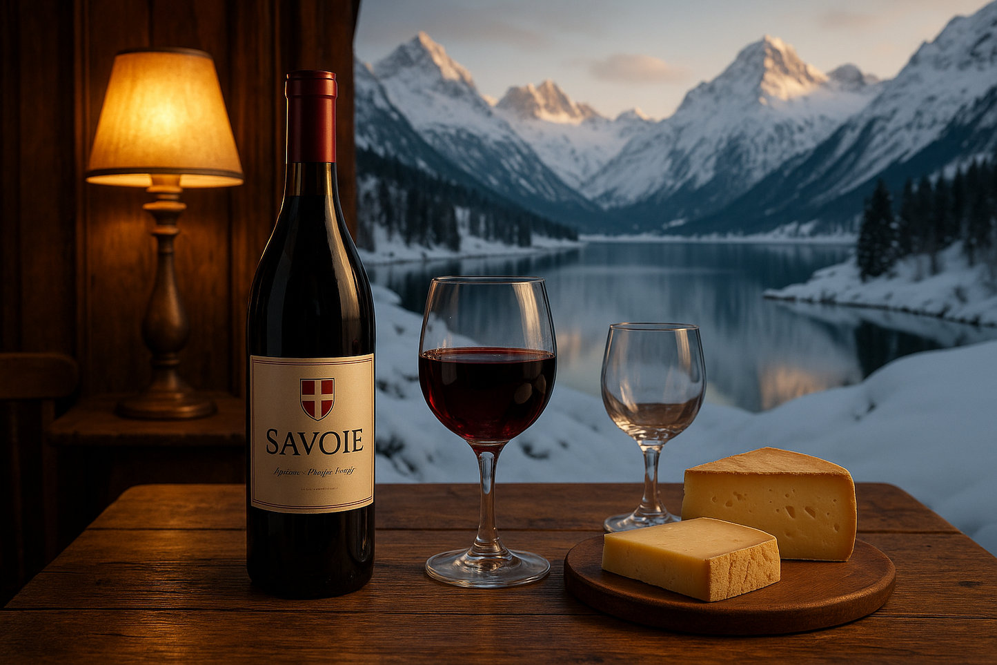 vin rouge de savoie bistroquet maison ravier avec un mont d'or coulant et un beau lac de savoie enneige en fond avec le drapeau de savoie