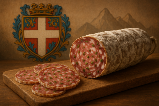 saucisson au genepi qui est a l'interieur avec le blason de haute savoie en fond