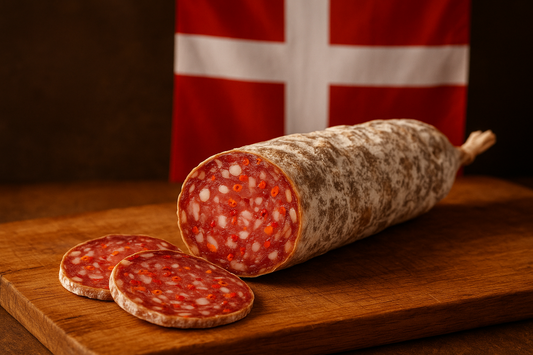 saucisson au piment d'espelette à l'interieur avec drapeau de haute savoie en fond