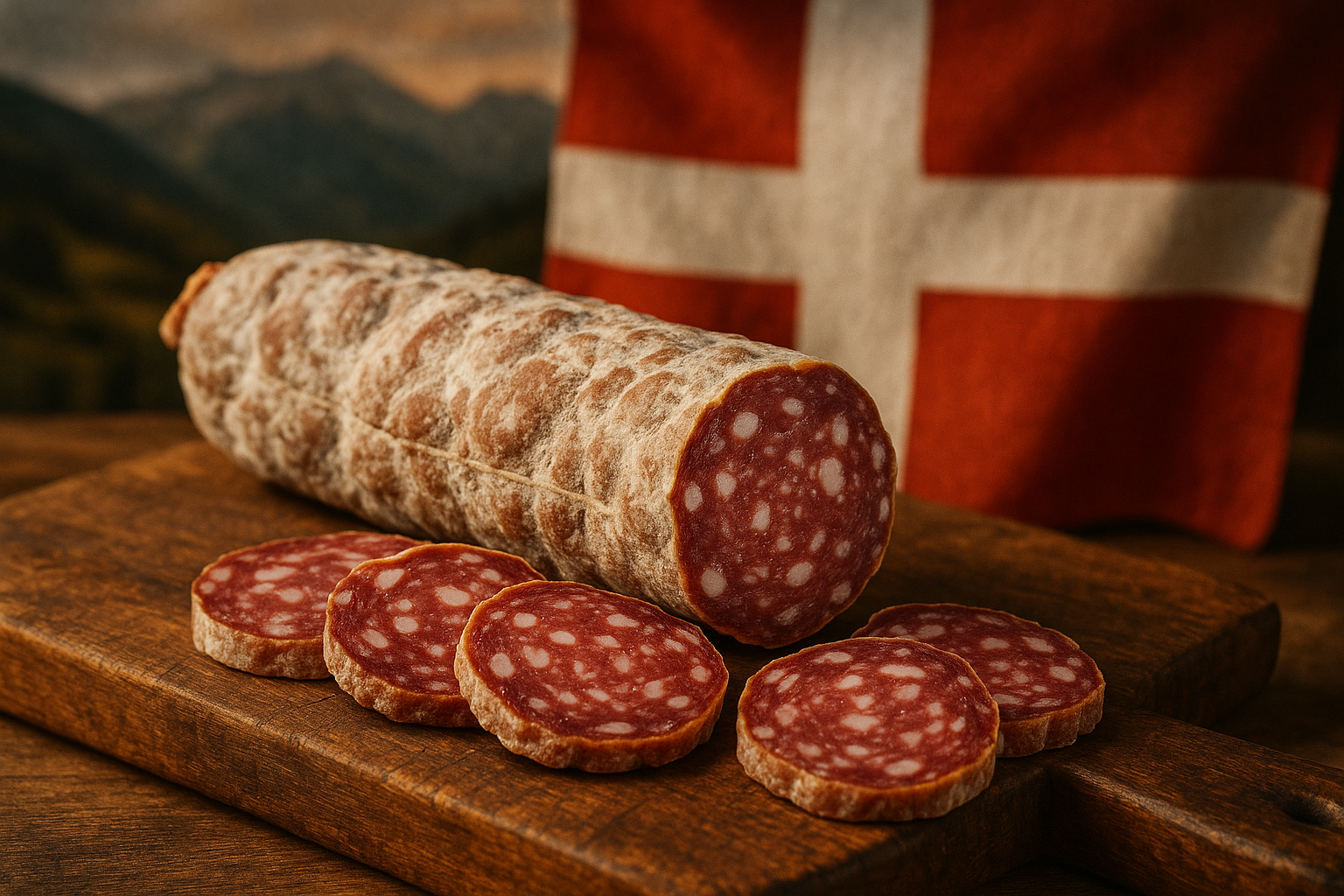 saucisson de haute savoie avec le drapeau de haute savoie en fond