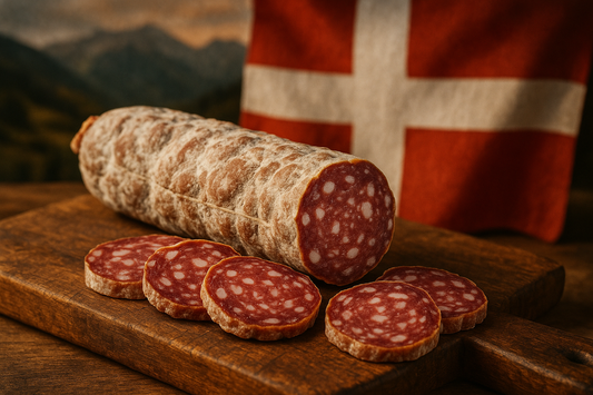 saucisson de haute savoie avec le drapeau de haute savoie en fond