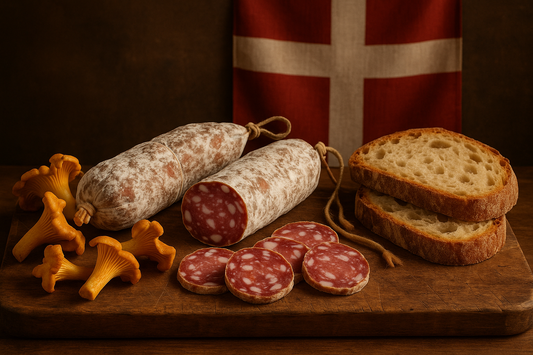 saucissons aux chanterelles mixé avec un pain de campagne et un drapeau de savoie en fond