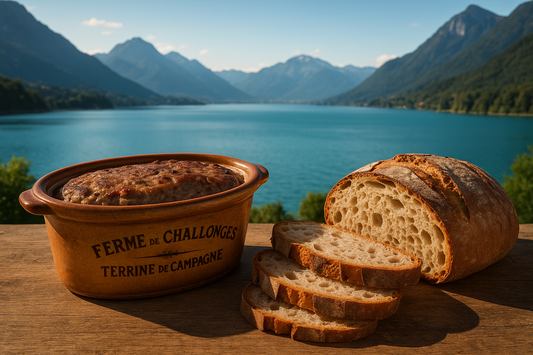 terrine de campagne en pot de la ferme de challonges avec un pain de campagne et un lac de savoie en fond