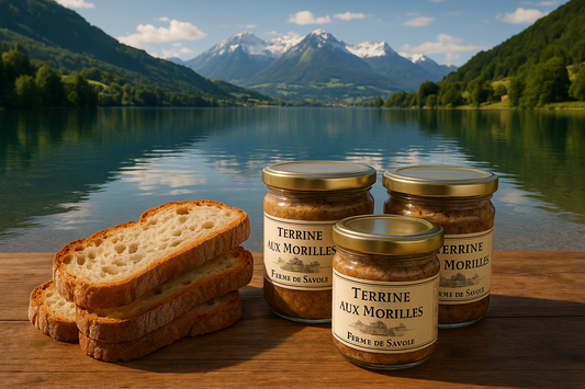 terrines aux morilles en pot de la ferme de challonge avec un pain de campagne et un lac de savoie en fond