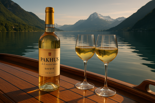 vin blanc doux Pakhus de la maison ravier avec 2 verres à vin rempli dans un bateau sur un lac de savoie en fond