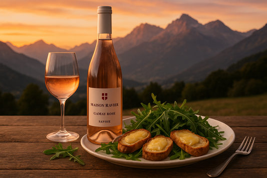vin gamay rose de la maison ravier avec une salade composée, de la roquette et des toasts au Beaufort et un couché de soleil sur les montagne de savoie