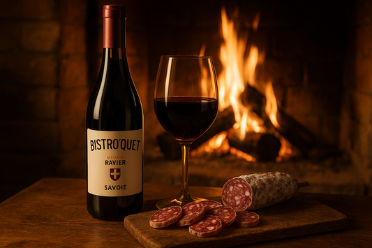 vin rouge de savoie "BISTRO'QUET" maison ravier avec un saucisson coupé et un jolie cheminet qui crepite en fond